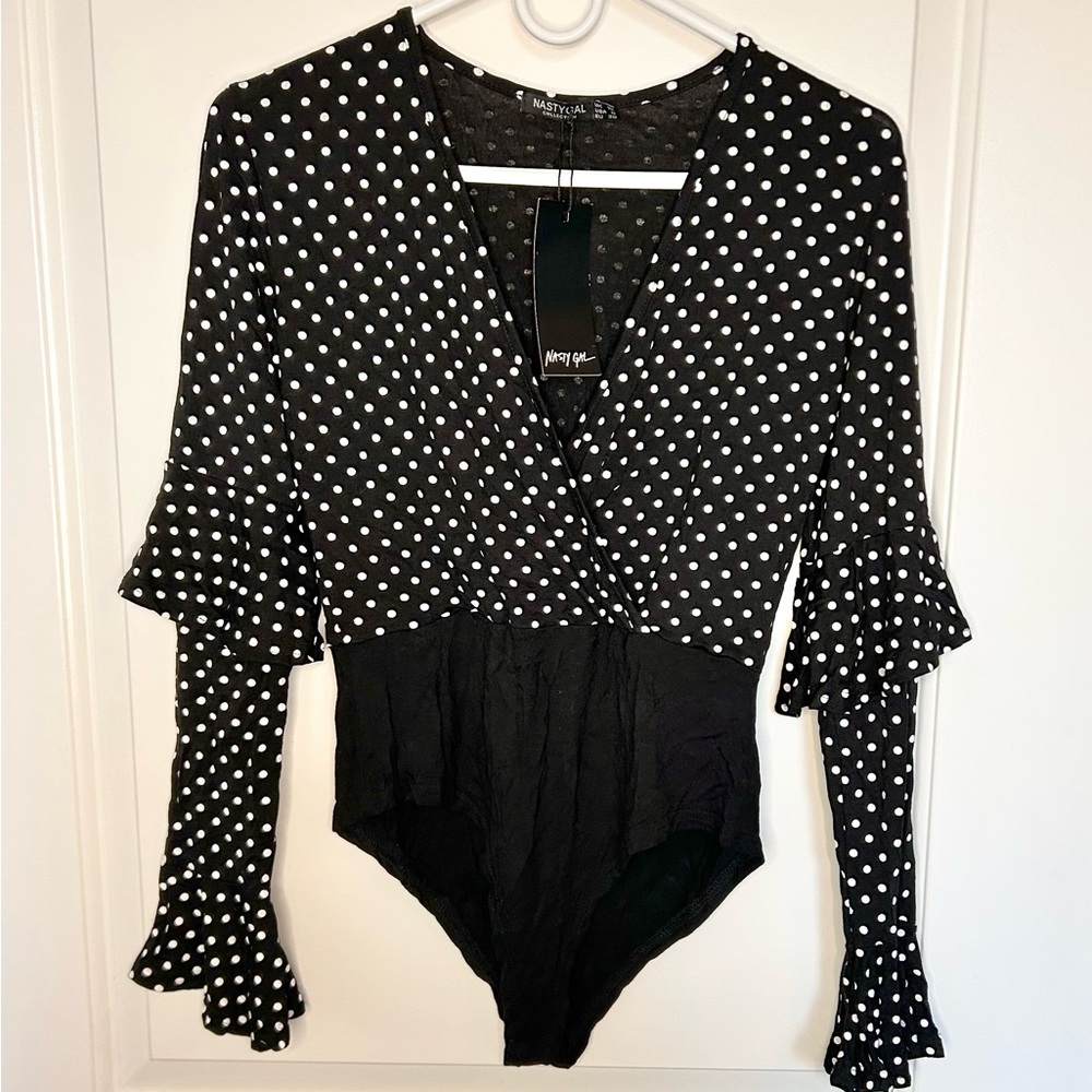 NWT Nasty Gal Black White Polka Dot Snap long sleeve Bodysuit Ruffle Whimsigoth